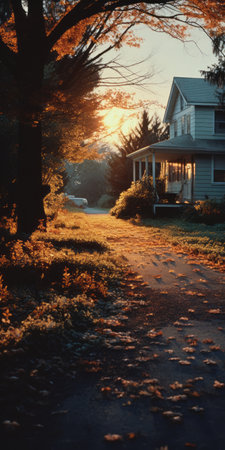 a pathway adorned with vibrant autumn leaves guides the way to charming thatched cottages. this captivating photo, reminiscent of the works of todd hido and gregory crewdson, captures the essence of familiar domestic scenes. the warm orange hues and the enchanting backlight add a touch of magic to this picturesque setting, beautifully captured with a nikon f2 and konica auto s3. ai generatedの素材