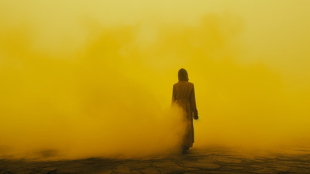 a small girl stands in the midst of a yellow mist storm, surrounded by smoke. this experimental cinematography-style photo captures the essence of desertwave and master of shadows. shot in 8k, this associated press photo is both dramatic and somber, reminiscent of religious works. its beauty is truly captivating. ai generatedの素材