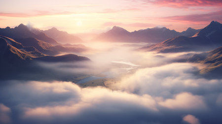a stunning sunrise over a picturesque plain, captured in ultra high resolution photography. majestic mountains adorned with clouds, and ethereal godrays piercing through the morning mist create a truly magical and epic atmosphere. this breathtaking image was taken using a wide angle lens on a hasselblad camera. ai generatedの素材