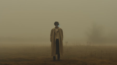 a person stands in a foggy field, captured in the style of shige's visual aesthetic. the photo showcases a combination of dark yellow and light beige tones, with soft lighting enhancing the portrait. the image exudes a mote kei vibe, shot on fujifilm natura 1600 film, and is available in stunning 8k resolution. ai generatedの素材