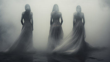 mysterious women, dressed in tall dresses, gracefully walk through a misty landscape. this captivating image by frieke janssens portrays trapped emotions with its haunting and dreamy atmosphere. the dark palette and isolated figures add to the contemporary siren-like allure of the scene. ai generatedの素材