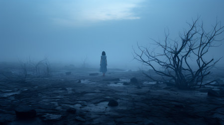 the photo depicts a haunting figuratism scene with the earth covered in dirt and bones. the claire-obscure lighting style adds an eerie atmosphere, enhanced by the mist and dark azure tones. this experimental cinematography captures a concept art-like quality, resembling a movie still. ai generatedの素材