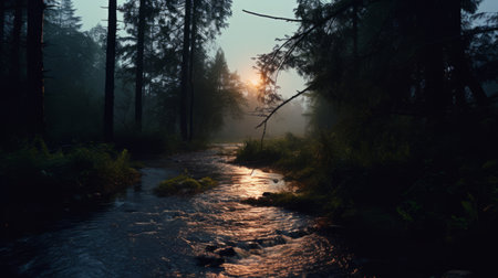 a stream gracefully meanders through a lush forest, creating a captivating scene reminiscent of hazy landscapes. the interplay of contrasting lights and darks, bathed in a golden glow, adds a touch of enchantment to this romantic scenery. with hints of light red and dark cyan, this photograph captures the essence of nature's beauty, inspiring environmental activism. the influence of matti suuronen's artistic style is evidentの素材