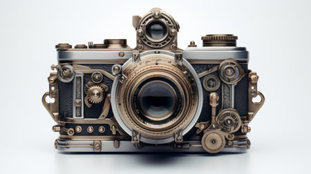 the russian steampunk camera showcases a unique collection of steampunk photography. with its intricate background elements, photorealistic detail, and technological symmetry, this collection captures the essence of steampunk aesthetics. the photos feature a combination of light gray and bronze tones, highlighting the architectural focus and detailed textures of the subjects. ai generatedの素材