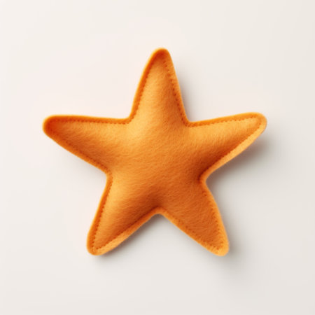 a large orange felt star on a white background, featuring minimal retouching in the style of patricia piccinini. the star is made of fabric and has a cute and colorful appearance. rendered in cinema4d and captured using fujifilm velvia, this photo showcases the vibrant and playful nature of the subject. ai generatedの素材