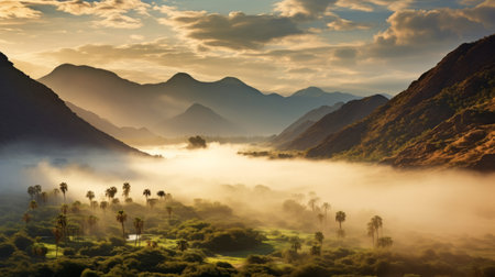 a stunning sunrise over a picturesque oasis, captured in ultra high resolution. majestic mountains adorned with clouds, and ethereal godrays piercing through the morning mist, create a truly magical and epic atmosphere. this breathtaking image was taken using a wide angle lens on a hasselblad camera. ai generatedの素材