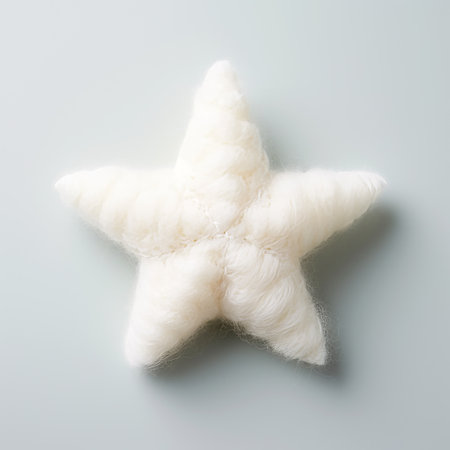a white star-shaped object, resembling layered fibers, is captured in this photo taken with a nikon d750. the whimsical animals, muted seascapes, zbrush, felt creations, and snailcore are all related keywords that add depth and context to the image. ai generatedの素材