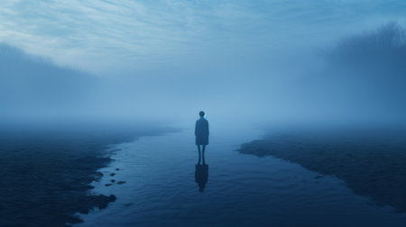a person stands in a stream, creating an ethereal and otherworldly atmosphere in front of a lake. this minimalistic surrealism photograph by daan roosegaarde captures a misty gothic scene with a light sky-blue and dark gray color palette. the image is in 8k resolution, showcasing the intricate details of the surroundings. mao hamaguchi's influence is evident in the dreamlike quality of the composition. ai generatedの素材