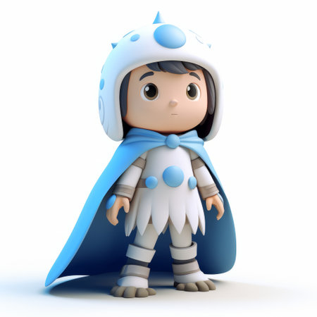 a 3d animation character wearing a blue hat and cape, resembling anime-inspired characters. the character is depicted in light shades of white and silver, resembling adorable toy sculptures. the design features spiky mounds and lucid developments, evoking a sense of childlike wonder. this adventure-themed character is ready to embark on exciting journeys. ai generatedの素材