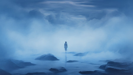an old man stands against a backdrop of the ocean and clouds in this ethereal digital painting. the minimalist monochromatic landscape, created with mist-like strokes, features ghostly figures and a light blue color palette. this speedpainting captures the essence of mote kei style, evoking a sense of tranquility and mystery. ai generatedの素材