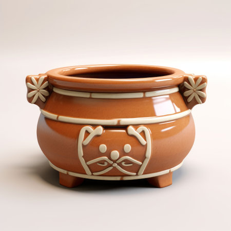 a clay pot with an animal head, featuring traditional japanese motifs and rendered in the style of vray. the pot is light orange in color and showcases high levels of detail. the design exhibits symmetrical arrangements, reminiscent of the works of santiago calatrava. created using daz3d software. ai generatedの素材