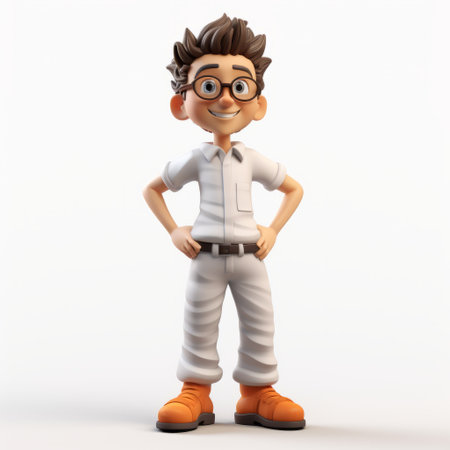 a 3d cartoon model of a man wearing a white and orange outfit, showcasing a youthful protagonist style. the character design is cartoonish, with clear edge definition and a touch of grit and grain. the overall aesthetic leans towards dark academia, while maintaining a childlike charm. the level of detail in this model is highly impressive. ai generatedの素材
