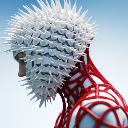a 3d male head in 3dsmax, featuring a striking red and white color scheme with spikes. this unique design draws inspiration from infinity nets, showcasing exquisite clothing details. the conceptual installation, created by mret oppenheim, is made of rubber and exudes a sharp and prickly aesthetic reminiscent of a reef wave. ai generatedの素材
