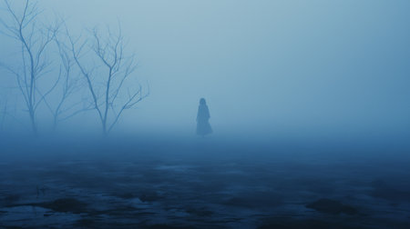 a lone wolf stands in a foggy morning pond, evoking the eerie atmosphere of a horror film. the image is characterized by a blend of light black and sky-blue tones, reminiscent of antebellum gothic aesthetics. the experimental cinematography captures the essence of 19th-century style, with haunting shadows and a misty ambiance. ai generatedの素材