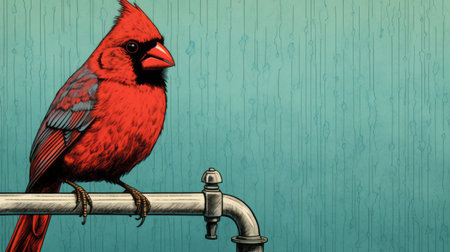 a cardinal free vector bird is depicted in this surreal street art-inspired hd wallpaper. the design combines elements of soggy, industrial aesthetics with a vibrant color palette of red and aquamarine. created using illustrative pen and ink techniques, the artwork showcases absurdist installations against the backdrop of rural america. ai generatedの素材