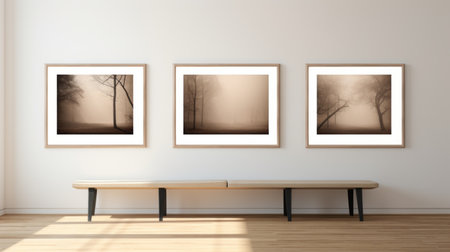three black wooden frames, in the style of misty atmosphere by ildiko neer, hang on a white wall. the sepia tone adds a vintage touch to the composition. captured with a tamron 24mm f/2.8 di iii osd m12 lens, the image showcases a beautiful blend of light brown and white hues. this high-resolution photo is presented in stunning 8k resolution, capturing every detail of theの素材