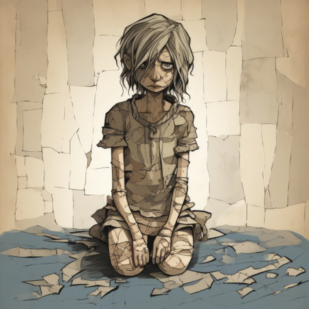 a graphic novel illustration featuring nancy, a fragile and torn-up character. nancy's full body is depicted with square patches of ragged cloth sewn on, symbolizing multiple repairs. the image portrays a dirty, old, and used appearance, evoking a sense of sadness and a plea for help. ai generatedの素材