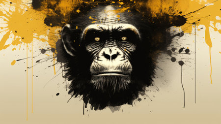 a chimpanzee head, adorned with vibrant paints, showcases layered imagery with a touch of irony. the artwork features a captivating blend of dark gold and yellow hues, enhanced digitally. the use of black and white ink adds depth to the composition. this 8k image embodies a unique fibrepunk aesthetic, seamlessly blending animals and people. ai generatedの素材