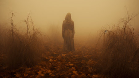 a black woman stands in the thick grass, exuding a haunting atmosphere. the misty surroundings are bathed in light orange and beige hues, creating a dramatic and somber ambiance. this photograph captures the essence of religious works and evokes a sense of halloween and otherworldly aberrations. it is a captivating piece of documentary photography. ai generatedの素材