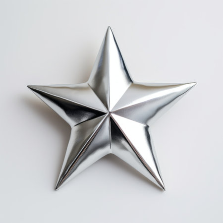 a large silver star, meticulously rendered in a photorealistic style, stands out against a pristine white background. this captivating image captures the essence of celestialpunk with its tactile surfaces and baroque maritime influences. created using an aluminum material, this stunning artwork is available under a creative commons attribution license. shot with a contax g2 camera, it showcases the artist's attention to detail and artistic vision.の素材