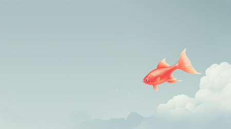 an orange fish gracefully swims through the water, surrounded by a minimalist background featuring sky-blue and red hues. the creative storytelling of this image is enhanced by the matte background, showcasing the unique perspective rendering. this captivating photo from the kan school is truly inspirational. ai generatedの素材