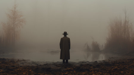 a man stands by a dark pond, surrounded by a misty atmosphere, evoking the style of animated film pioneers. the mysterious mood is enhanced by the smokey background, reminiscent of 19th-century aesthetics. the characters in the image exude psychological depth, adding to the intrigue. ai generatedの素材