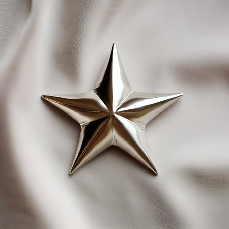 a metallic sculpture-inspired pin, resembling a star, rests on a fabric in this high-detailed, matte photograph. the pin, reminiscent of the works of salvator rosa, exudes an energetic vibe with its silver and beige tones. captured by hryhorii havrylenko. ai generatedの素材