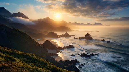 a stunning sunrise over a picturesque coastline, captured in ultra high resolution. the mountains are adorned with clouds, creating a mesmerizing scene with ethereal godrays piercing through the morning mist. this breathtaking image, taken with a hasselblad camera and wide angle lens, showcases the magical and epic atmosphere of the moment. ai generatedの素材