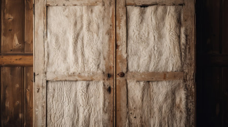 large wood coats painted on an old door, featuring creased, crinkled, and wrinkled textures in dark, white, and beige colors. the style is reminiscent of primitive simplicity, with soft and dreamy scenes. the artwork evokes a 15th-century aesthetic, enhanced by soft and atmospheric lighting. ai generatedの素材