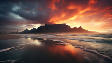a stunning sunrise at a picturesque beach, captured in ultra high resolution. the mountains are adorned with clouds, creating a mesmerizing scene. godrays pierce through the morning mist, adding a touch of magic and grandeur. this breathtaking image was taken with a hasselblad camera using a wide angle lens. ai generatedの素材