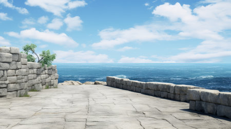 stone wall leading to the ocean, inspired by hajime isayama's style in unreal engine. this high-resolution, uhd image captures the mediterranean-inspired outdoor scene with a sky-blue backdrop. ai generatedの素材