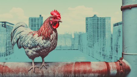 a chick perched on a chain link fence, showcasing a surrealistic urban scene with a blend of light cyan and dark crimson colors. the cityscape backdrop features a solarization effect, creating a unique and artistic perspective reminiscent of a blown-off-roof view. inspired by the style of chen zhen, the rendering is realistic and intricately detailed. ai generatedの素材