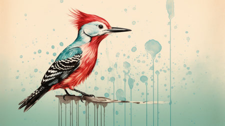 a small bird perches on a branch in this graffiti-inspired illustration. the red and cyan colors create a vibrant contrast, while the hyper-realistic details bring the animal to life. the dripping paint adds an edgy touch to the lowbrow style, resulting in charming characters. this artwork is presented in a high-resolution format of 3840x2160. ai generatedの素材