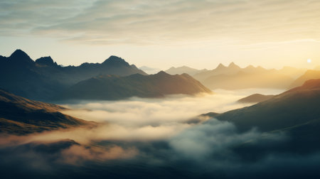a stunning sunrise over a picturesque plain, captured in ultra high resolution photography. majestic mountains adorned with clouds, and ethereal godrays piercing through the morning mist create a truly magical and epic atmosphere. this breathtaking image was taken using a wide angle lens on a hasselblad camera. ai generatedの素材