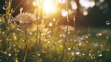 a stunning image capturing the beauty of dew drops glistening on blades of grass, illuminated by sunrays. this scene, created in unreal engine, features a graflex speed graphic camera, with flower and nature motifs. the golden light and atmospheric imagery, enhanced by vray tracing, create a mesmerizing visual experience. ai generatedの素材