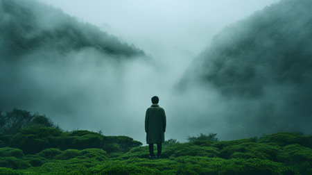a person stands alone in the foggy landscape of a mountain, surrounded by a classic japanese simplicity. the dark green and green hues add to the serene ambiance. this photography installation captures soft-focus portraits with a transcendentalist theme, evoking a sense of quiet contemplation. the pastoral charm of the scene is truly captivating. ai generatedの素材