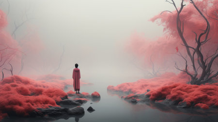 a person stands on the side of the ocean, surrounded by serene pastoral scenes reminiscent of ancient chinese art. the ethereal illustrations, rendered in unreal engine and cinema4d, create misty, pastel-colored landscapes that transport viewers to a tranquil world. ai generatedの素材