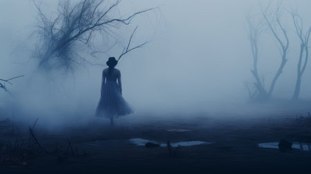 a woman stands in the foggy field, embodying the dreamlike nightmare of american romanticism. the scene is characterized by a mix of dark white and light blue hues, creating a whimsical and tenebrous atmosphere. this historical genre scene evokes strong emotions and drama, capturing the essence of the woman's presence in the misty landscape. ai generatedの素材