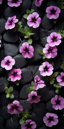 flowers on black background wallpaper download featuring light violet and dark gray hues. this captivating image showcases a nature-inspired composition with stone, magenta, and black accents. shot with a tokina at-x 11-16mm f/2.8 pro dx ii lens, it creates mesmerizing optical illusions that are sure to enhance any space. ai generatedの素材
