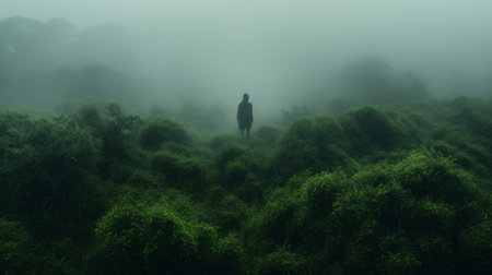 a black person stands amidst foggy grass, surrounded by a dark green and green landscape. the scene evokes elements of japanese minimalism, with a touch of mystery reminiscent of a jungle. the cinematic view transports us to science-fiction lands, creating a captivating image that could easily grace the pages of national geographic. ai generatedの素材