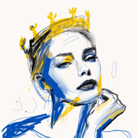 a digital drawing of a susan, inspired by cecil beaton, is depicted in this image. susan wears a crown on their head and looks over their shoulder. the drawing, created on a wacom tablet, showcases expressive lines in the style of matisse. fine-tip pen in white and yellow colors were used to create this artwork. the image is of high quality, with a resolution ofの素材