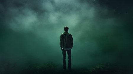 a man gazes through the smoke in a green forest, reminiscent of the minimalist backgrounds and moody landscapes of the stars art group xing xing. the dark and mysterious atmosphere, inspired by gregory crewdson, adds to the allure. with selective focus, the image captures the man's contemplative moment amidst the light teal and dark green hues. ai generatedの素材
