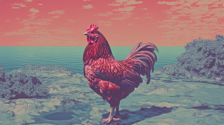 a red rooster perched on rocky terrain, showcasing a vaporwave-inspired aesthetic. the scene features realistic landscapes with soft, tonal colors reminiscent of wimmelbilder art. the image also incorporates elements of hyperrealistic marine life and intricate collage, all captured in an analog style. the rooster stands out against the light maroon and cyan backdrop. ai generatedの素材