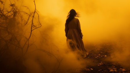 a woman walks through a foggy forest, surrounded by a dreamlike atmosphere of dark yellow and bronze hues. the smokey background adds to the mysterious and haunting ambiance. this uhd image captures the essence of trapped emotions, while also evoking a sense of romanticism and historical significance with its light white and orange tones. ai generatedの素材