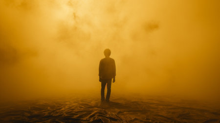 a man stands before a mysterious pile of fog, enveloped in a captivating blend of dark yellow and light orange hues. this atmospheric image evokes unsettling vibes reminiscent of the works of roger deakins and tetsuya ishida. the scene exudes a metallic etherealism, as if crafted from mist itself, akin to the captivating artistry of olafur eliasson. ai generatedの素材