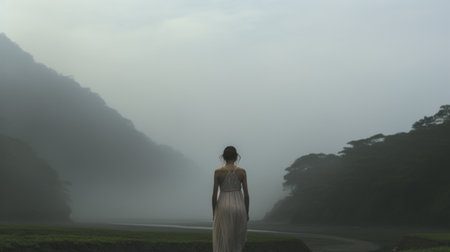 a person stands before a mist-covered mountain, gazing out at the vast sea. this captivating image captures the essence of ssaku hanga, with its feminine portraiture and ethereal scenes. shot with the tokina opera 50mm f14 ff lens, the uhd image showcases a mysterious jungle backdrop. the dark white tones add to the enigmatic atmosphere of this captivating photograph. ai generatedの素材