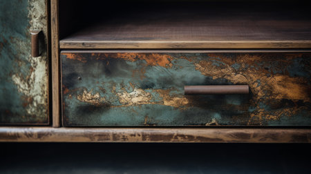 blue and aged wooden cabinet with a drawer and metal knobs, showcasing the style of fluid, abstract expressionism. the cabinet features metallic textures, leatherhide accents, and a color palette of dark green and light bronze. soft edges and blurred details add to its artistic appeal. created by dusan djukaric, this piece emphasizes the beauty of materials. ai generatedの素材