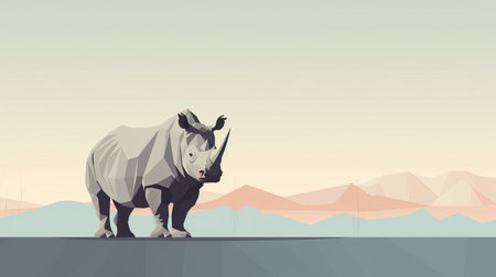 a rhino stands majestically amidst the mountains, surrounded by a grassy terrain. this captivating photo captures the essence of the superflat style, with its muted hues and iconic design. the 8k resolution brings out every intricate detail, while the street art characters and faceted shapes add a unique touch. the low contrast enhances the overall aesthetic appeal of this stunning image. ai generatedの素材