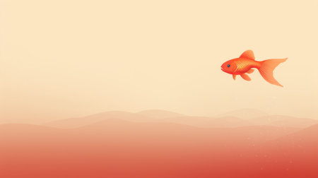 an orange fish gracefully swims through a minimalist landscape, featuring sparse backgrounds and a richly colored sky. the panoramic scale of the scene enhances the beauty of the fish, while subtle gradients add depth to the illustration. created by zhichao cai, this artwork showcases the artist's talent in capturing the essence of nature through stunning illustrations. ai generatedの素材