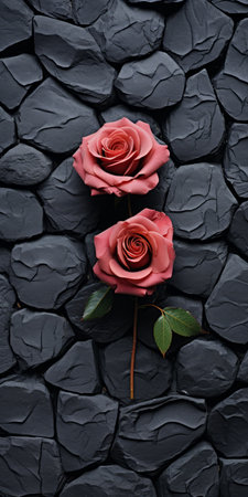 two roses gracefully adorn a textured stone wall in this captivating wallpaper. with a dark-colored hd backdrop, the image exudes a romantic and symbolic ambiance. inspired by the artistic style of carl kleiner, the photograph incorporates elements of emotion and texture. the dark pink and dark black hues add depth and richness, reminiscent of the works of richard long and valentin rekunenko. ai generatedの素材